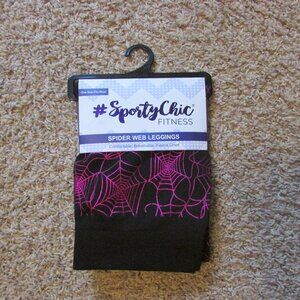 NWT #SPORTY CHIC Black Pink Metallic SPIDERWEB LEGGINGS One Size Fleece Lined